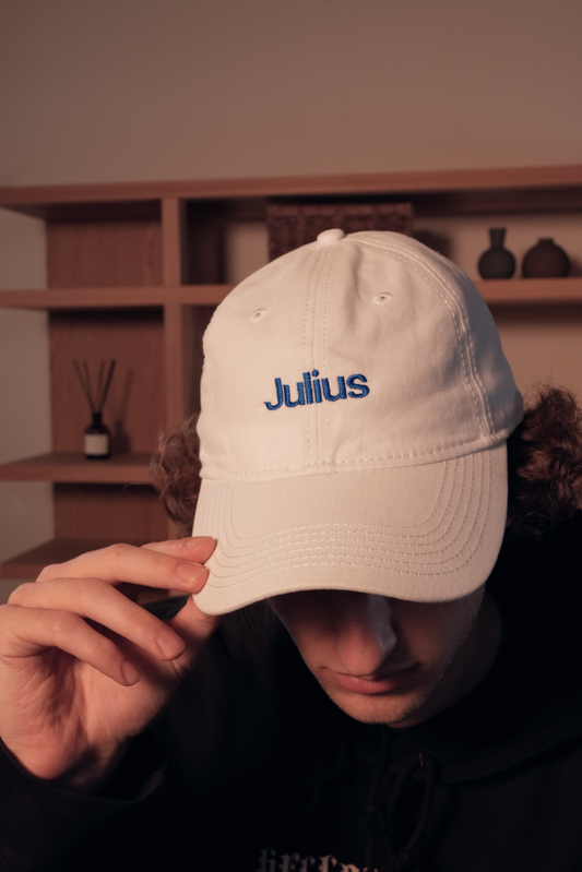 Julius White Hat Blue Julius Logo